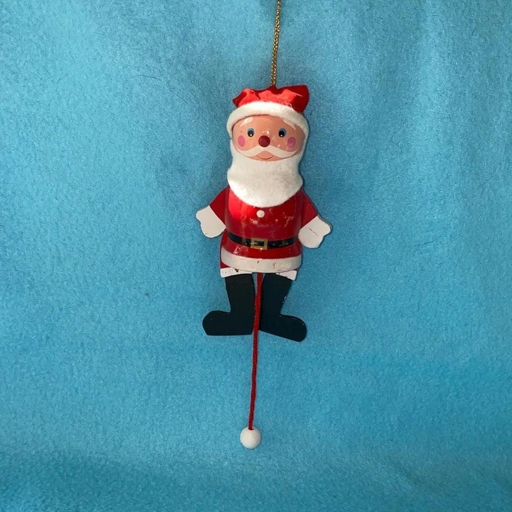 VINTAGE SANTA Ornament pull string moving parts crafted from wood
